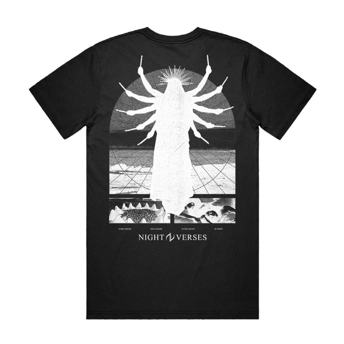 Photo of the back of the shirt. The back of the shirt has an arched window design with the outline of a person inside it. The person has 10 arms, each with a stick in its hand. There is also a spiked crown coming from the person's head.