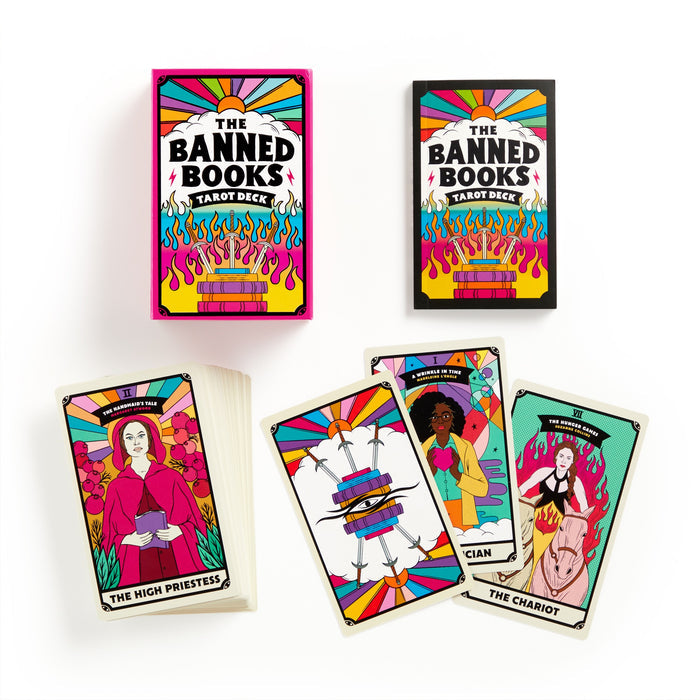 The Banned Books Tarot Card Set by Castle Point features vibrant cards—The High Priestess, The Magician, and The Chariot—with rainbow backgrounds and women celebrating banned books, perfect for every book lover.