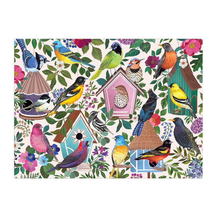 Birdhouse Lane 1000 Piece Puzzle by Christine De Carvalho features colorful songbirds on branches and birdhouses, surrounded by vibrant flowers and green leaves—a beautiful challenge for bird lovers and puzzle fans alike.