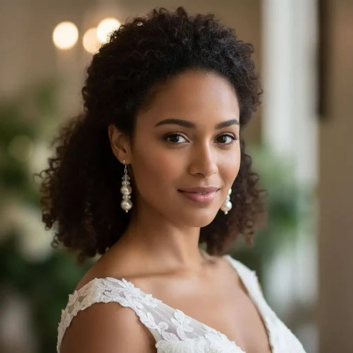 Bridal Sterling Silver Stacked Crystal and Pearl Earrings worn by a bride with curly hair in elegant setting