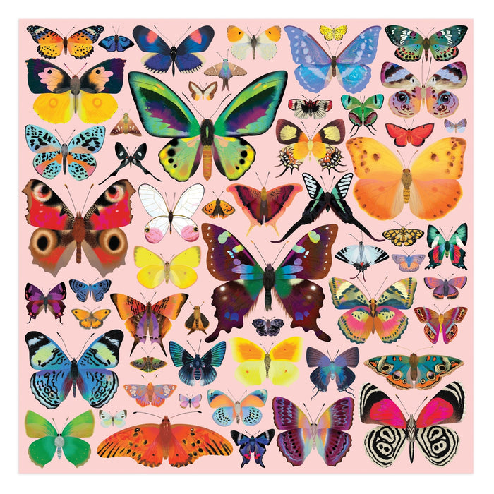 A vibrant grid of butterfly species, inspired by Natasha Durley, on a light pink background. Perfect for fans of the Brilliant Butterflies 500 Piece Puzzle by Natasha Durley or any butterfly enthusiast.