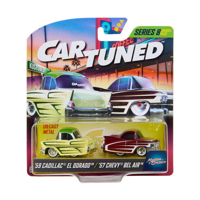 Packaging of '59 Cadillac El Dorado and '57 Chevy Bel Air model cars from Car Tuned series.