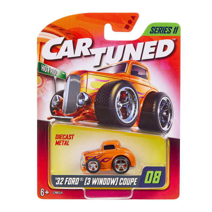 Three window Orange Ford Hot Rod in CarTuned brand packaging on a white background