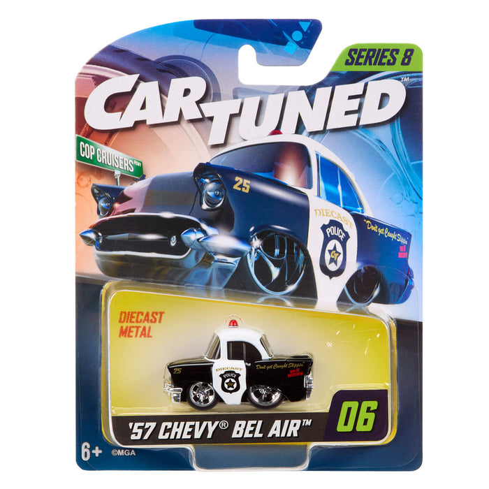Packaged toy car with 'Car Tuned' branding and '57 Chevy Bel Air' model on a white background