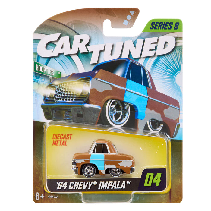 Packaged '64 Chevy Impala toy car with 'Cartuned' branding on a white background