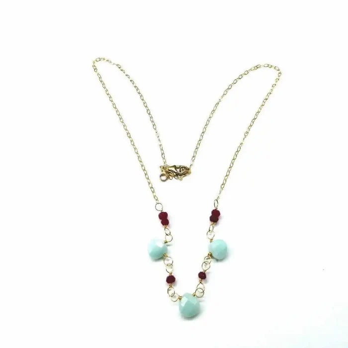 Dainty Gold Chain Mint and Hot Pink Gemstone Necklace featuring mint amazonite and hot pink chalcedony gemstones.