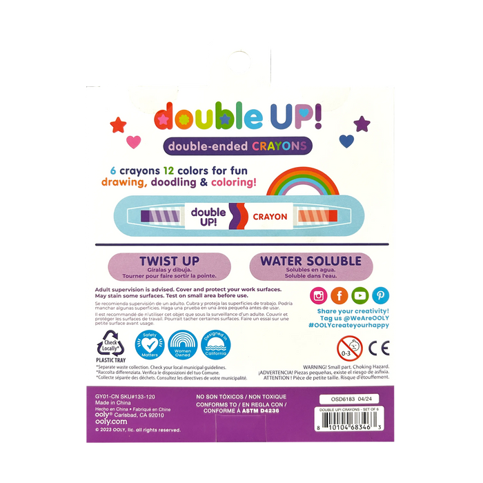 Back of packaging of OOLY Double Up! Double-Ended Crayons