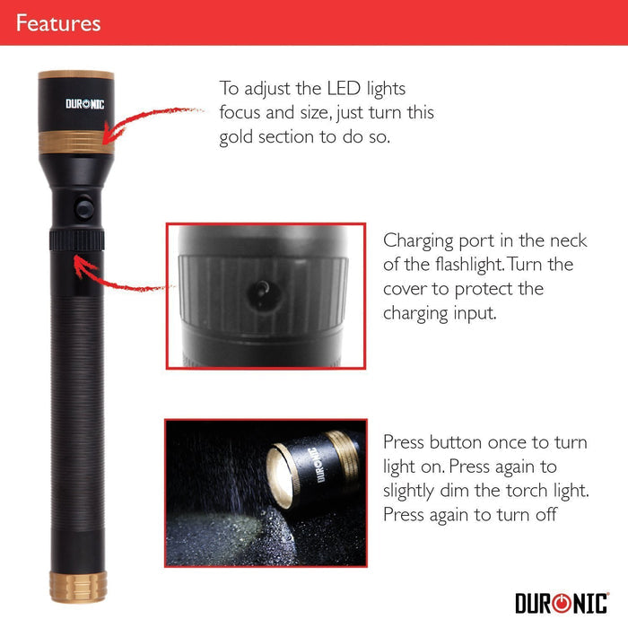 Duronic Rechargeable Torch Flashlight adjustable gold focus ring, hidden charging port in neck, and three-stage power button.