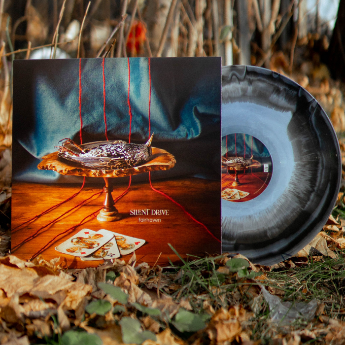 An image of a square LP cover with vinyl disc half exposed. LP cover features a wooden centerpiece positioned on a wooden floor with a blue curtain behind. 4 strands of yarn run behind the centerpiece across the floor. On the centerpiece lies a dead bird and at its base lie 3 playing cards. Vinyl Disc is a mixed black and white LP. The vinyl is outside during the fall.