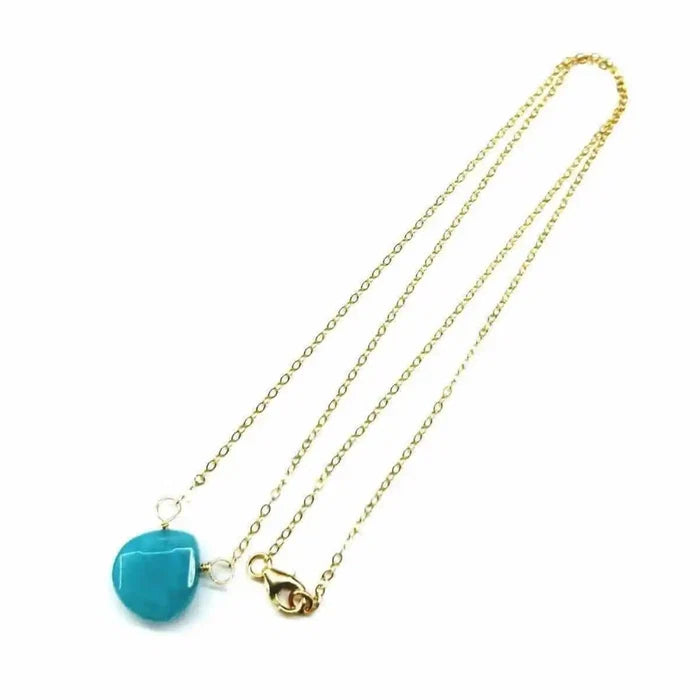Gold Filled Aqua Jade Wire Wrap Gemstone Drop Necklace featuring a turquoise briolette drop on a gold chain.