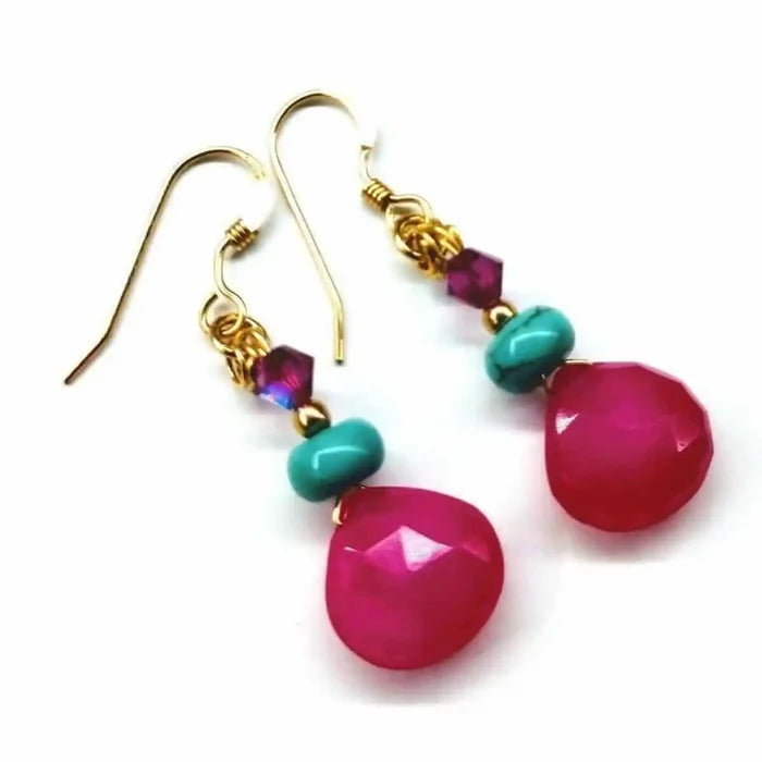 Gold Filled Wire Wrapped Pink And Aqua Gemstone Earrings featuring vibrant pink and aqua gemstones.