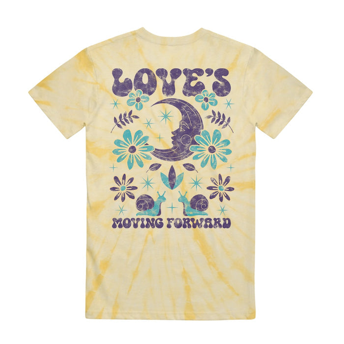Back of yellow tie dye short sleeve shirt with large purple text that says LOVE'S MOVING FORWARD on it. The drawing of the two snails is on the back as well and is much larger. There is also a large purple moon on the back as well as blue and purple flowers.
