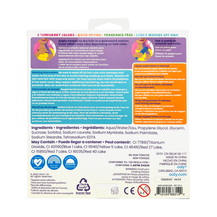 OOLY Hair Doodlers Hair Crayons - Set of 6 back of packaging