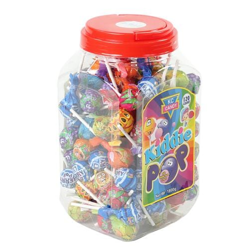 KC Candy Kiddie Pop 120 Units / 1800 g Delicious kiddie pop. With bubble gum centers.A lollipop is a type of sugar candy usually consisting of hard candy mounted on a stick and intended for sucking or licking-351277 Hannah's Variety Store