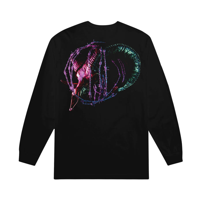 Back of shirt has abstract picture of an animal with horns in pink, and rings around the animal in purple, pink, and green colors.