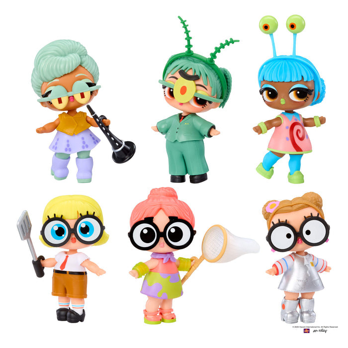 Set of colorful toy figures with unique hairstyles and outfits on a white background