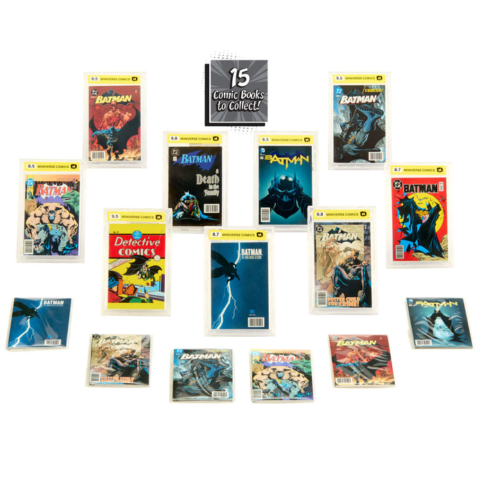 A collection of 15 mini comic books displayed on a plain white background, arranged in a loose circle. The collection prominently features Batman and Detective Comics, with a central black sign reading '15 comic books to collect'.
