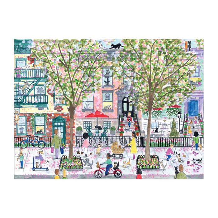 Discover the charm of the Michael Storrings Cats in the City 1000 Piece Puzzle by Michael Storrings, featuring lively streets, pink-blossomed trees, busy cafes, apartments, and a black cat on a rooftop—perfect for puzzle lovers.