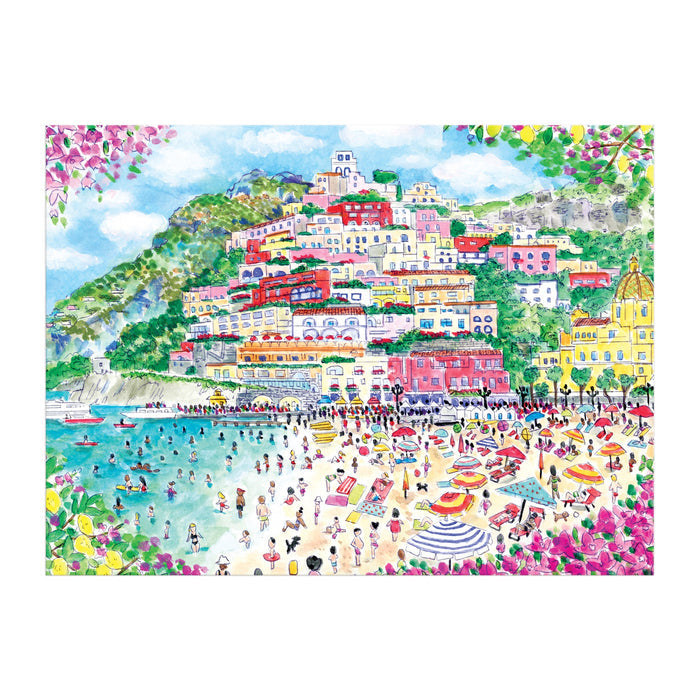 Enjoy Michael Storrings Coast of Italy 1000 Piece Puzzle, featuring a vibrant illustration of Positano with lively umbrellas, turquoise water, and colorful hillside buildings—an ideal gift for art lovers and Amalfi Coast puzzle fans.