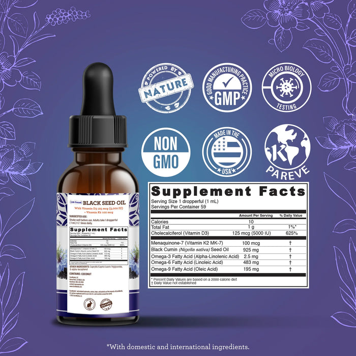 GuruNanda Black Seed Oil Supplement Facts panel with serving size, active ingredients, and Non-GMO, GMP, and Made in USA certifications