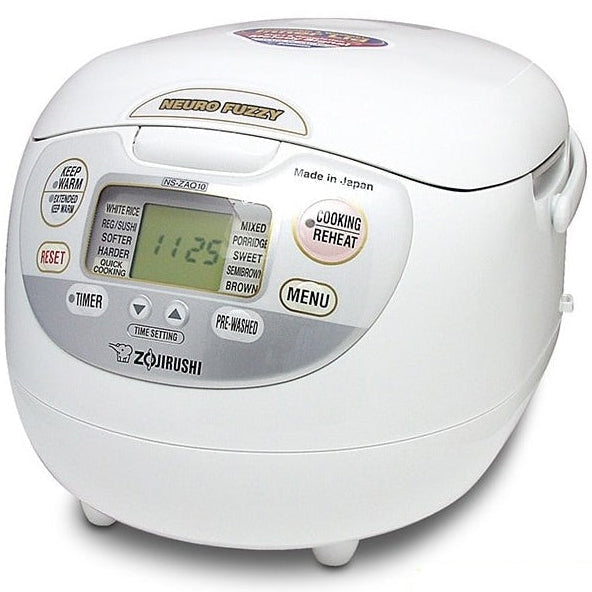A white Zojirushi rice cooker with a digital display and various cooking settings labeled on the front.