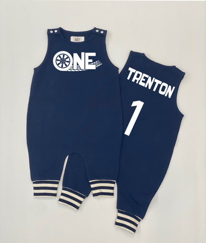 "One" Racecar First Birthday Romper with Striped Cuff