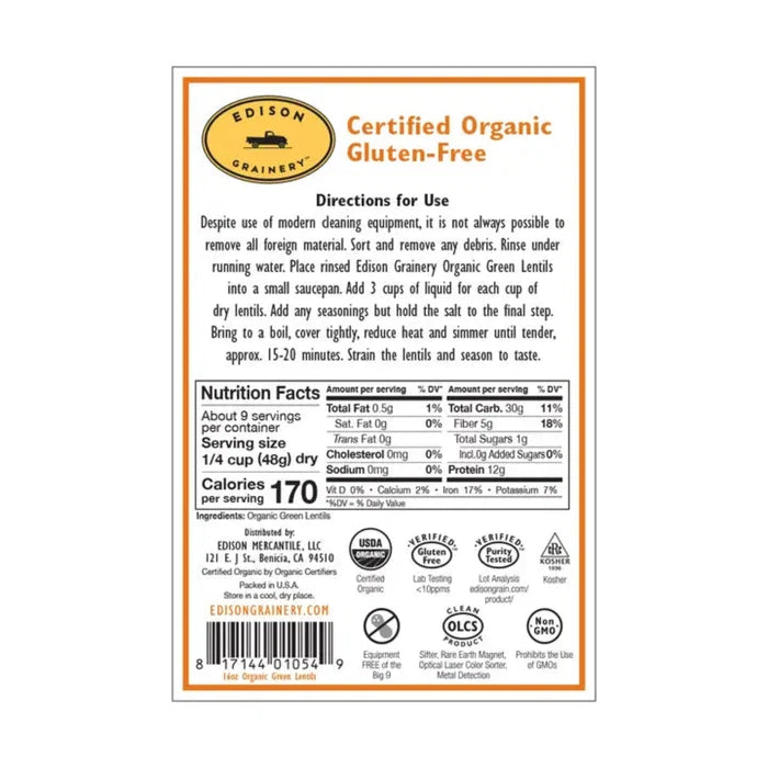 Organic Green Lentils - nutrition info