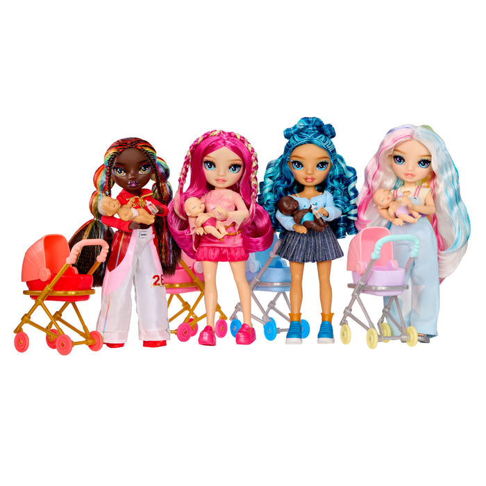 Four colorful Bestie-Babysitters-Dolls with babies on a white background