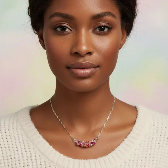 Model showcasing the Silver Multi Color Spring Blossom Crystal Necklace with vibrant crystals on a delicate silver chain.