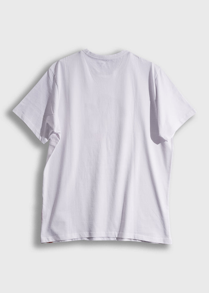 Plain white T-shirt displayed on a light gray background, showcasing the back view with short sleeves and a round neckline.