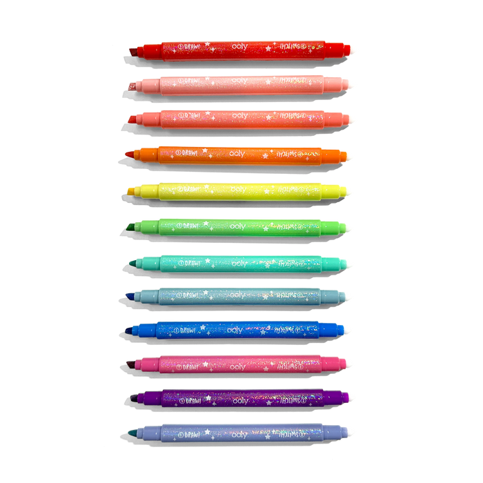 Row of uncapped markers from OOLY Switch-Eroo Sparkle Glittery Color Changing Markers