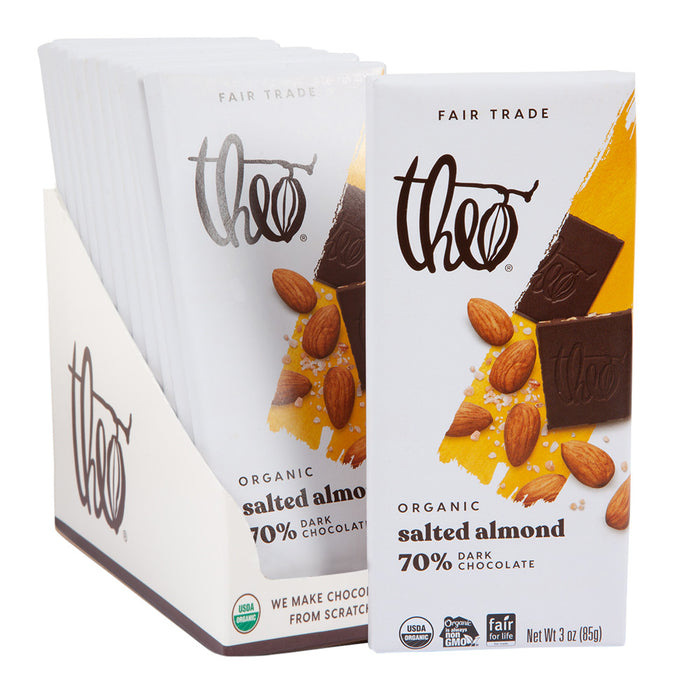 Theo Salted Almond 70% Dark Chocolate Bar - 12 Count