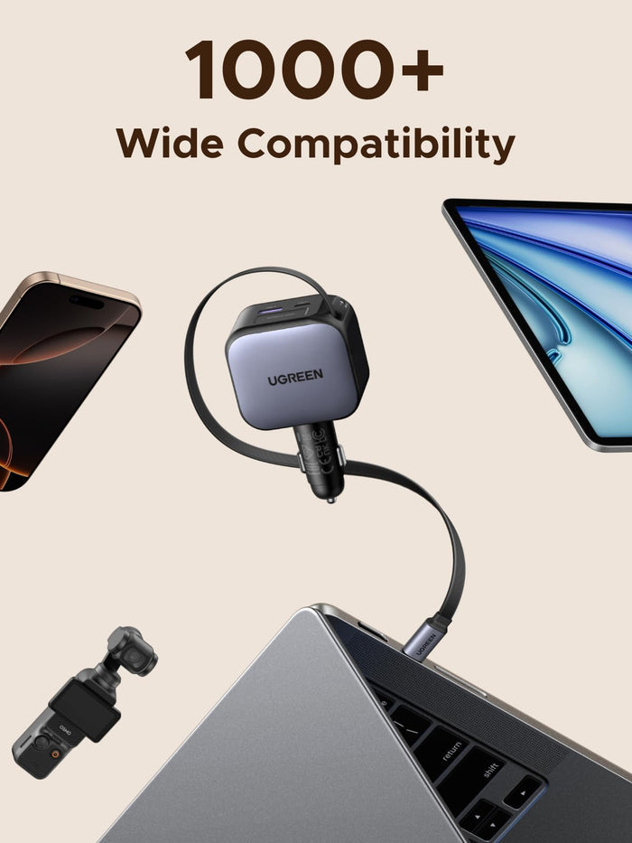 The UGREEN Nexode 90W car charger with retractable USB-C cable offers broad compatibility with over 1,000 devices, including iPhone, iPad, MacBook, Galaxy, Surface, game consoles, and other USB-C or USB-A-enabled devices for flexible charging on the go.