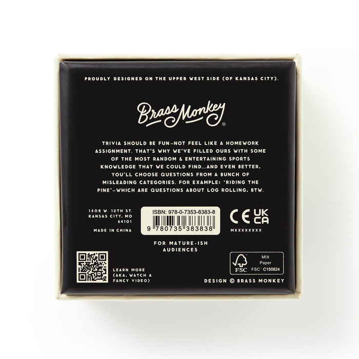 The back of the Brass Monkey Weird Sports Trivia game box features a description highlighting unique sports trivia, sports trivia cards in fun formats for all, plus a barcode, legal icons, and Brass Monkey branding.