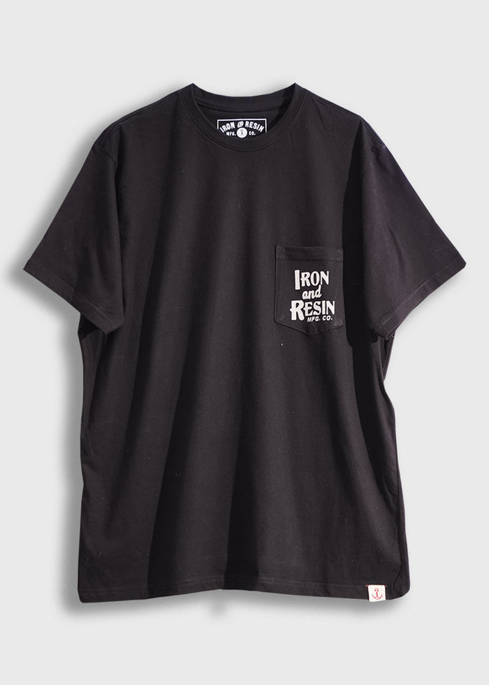 Black T-shirt with "Iron and Resin" logo on chest pocket. Simple design, casual style, perfect for everyday wear.