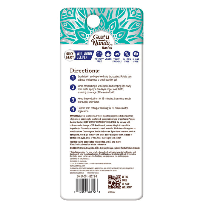 GuruNanda Whitening Gel Pen packaging back panel with directions, ingredients, and cruelty-free, vegan, and travel-friendly certifications