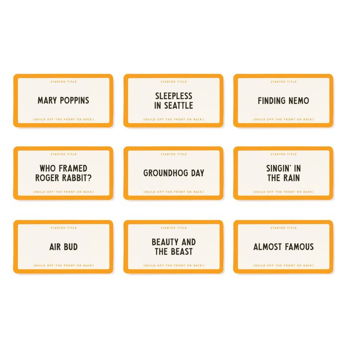 Test your movie knowledge with Brass Monkey’s Working Title Game: nine orange-bordered cards, each featuring a film—Mary Poppins, Sleepless in Seattle, Finding Nemo, Roger Rabbit?, Groundhog Day, Singin’ in the Rain, Air Bud, Beauty and the Beast, Almost Famous.