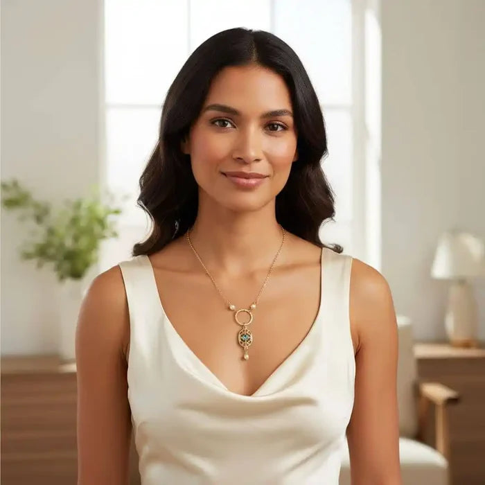 14 K Gold-Filled Hammered Open Circle Filigree Necklace worn by a woman in a bright, modern setting.