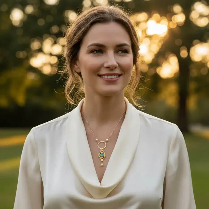A woman wearing a 14 K Gold-Filled Hammered Open Circle Filigree Necklace, with a soft-focus background of nature.