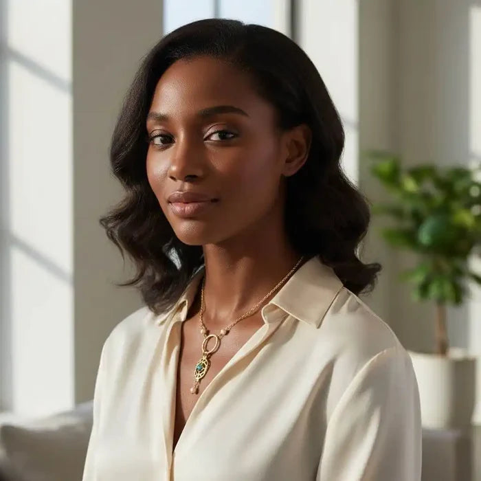 Model showcasing 14 K Gold-Filled Hammered Open Circle Filigree Necklace in bright natural light.