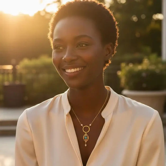Smiling woman wearing a 14 K Gold-Filled Hammered Open Circle Filigree Necklace in natural sunlight.