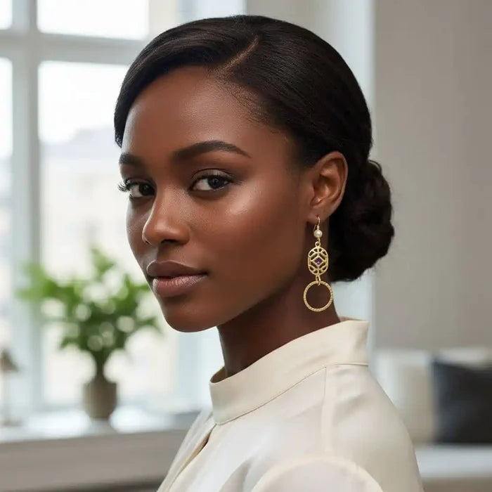 14 K Gold Filled Purple Crystal Circle Filigree Earrings worn by a model with a stylish hairstyle.