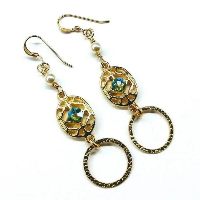 14 KT Gold Filled Green Crystal Circle Filigree Earrings with elegant design and sparkling Swarovski crystals.