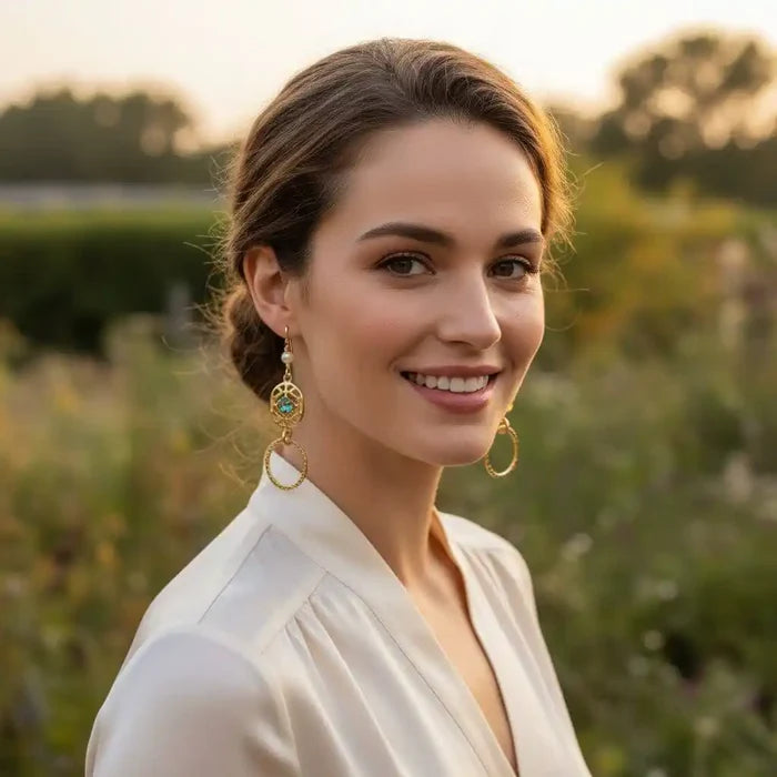 14 KT Gold Filled Green Crystal Circle Filigree Earrings worn by a smiling woman in a lovely outdoor setting.