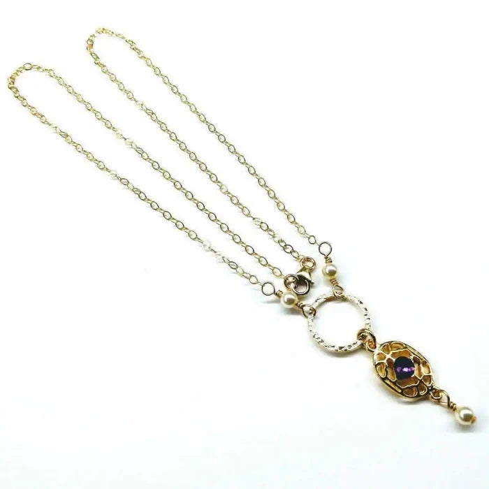 AMD114114 KT Gold Filled Hammered Circle Purple Crystal Filigree Pearl Necklace JewelryNecklace$ 119.00Alexa Martha Designs