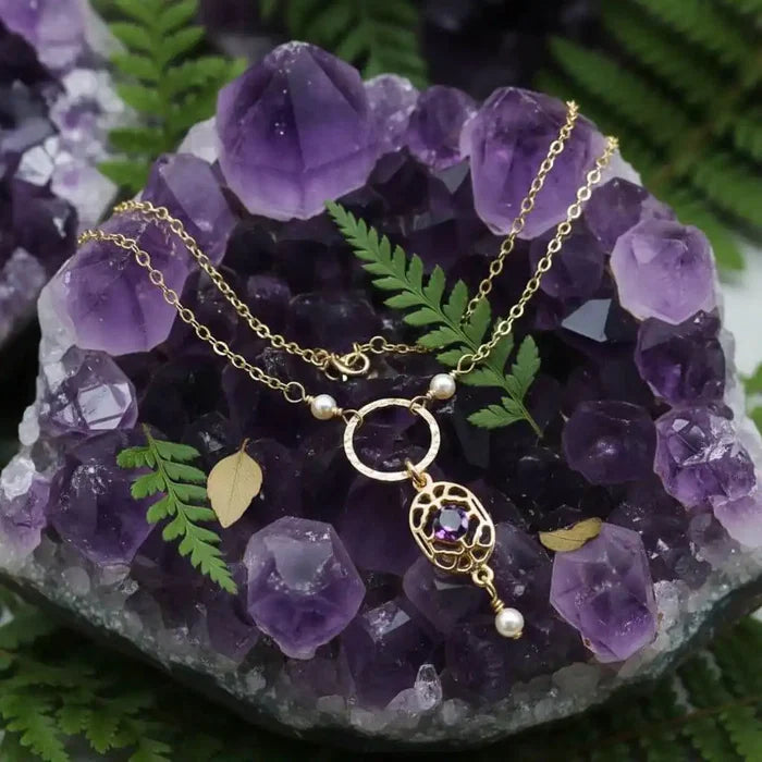 14 KT Gold-Filled Purple Crystal Circle  Filigree Necklace