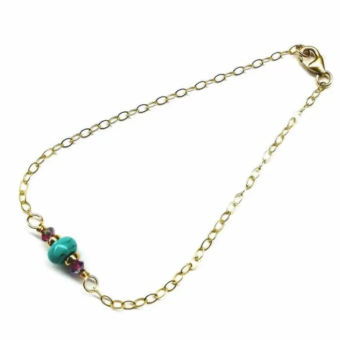14K Gold Filled Pink and Turquoise Gemstone Dainty Bracelet featuring vibrant colors and a delicate gold chain.