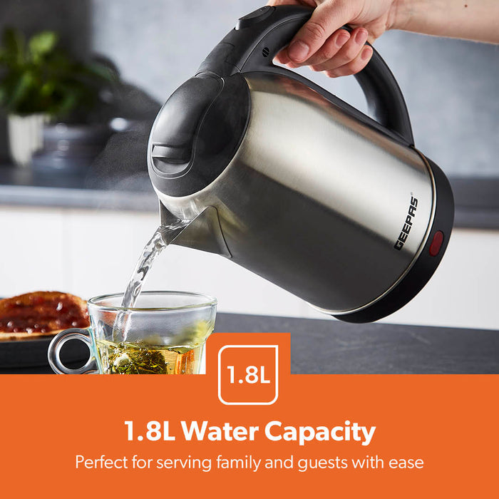 The image shows off the geepas stainless steel kettle having a 1.8L water capacity.