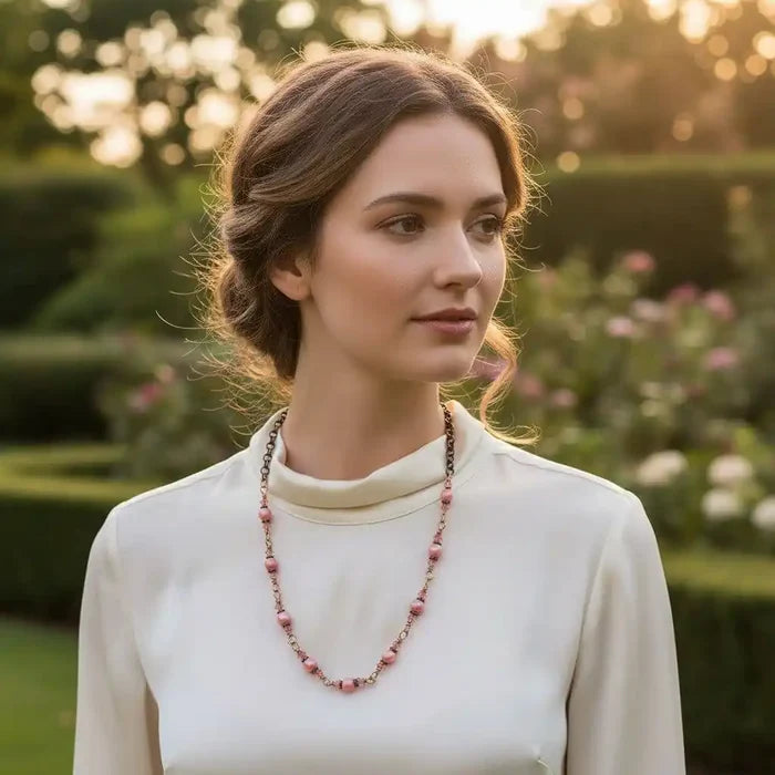 Model wearing a 24-Inch Copper Peach Pearl Crystal Wire Wrapped Necklace in a garden setting.