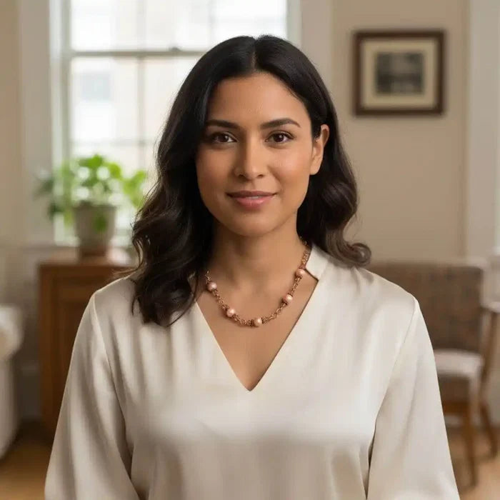 Model wearing a 24-Inch Copper Peach Pearl Crystal Wire Wrapped Necklace with a stylish blouse in a bright room.